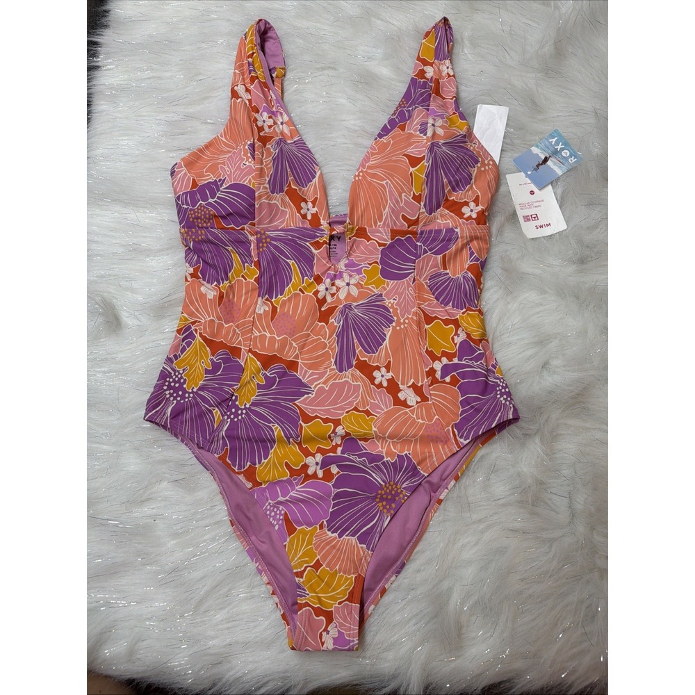 Roxy Womens One Piece Plunge Swimsuit Lilac Purple Multi XL $100 Retail